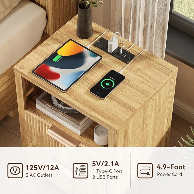 Fluted Nightstand Set of 2 with Charging Station,18" Night Stand with 2 Drawers,End Table with Storage, Bed Side Table for Bedroom,Modern Nightstand for Living Room, Oak