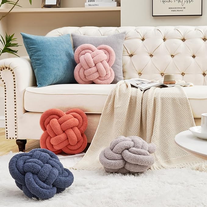 Xiashrk Knot Pillow Ball, 12" Soft Decorative Throw Pillows for Couch Bed, Grey Knotted Plush Throw Pillow Handmade Square Cushion Home Couch Decor Pillows for Living Room