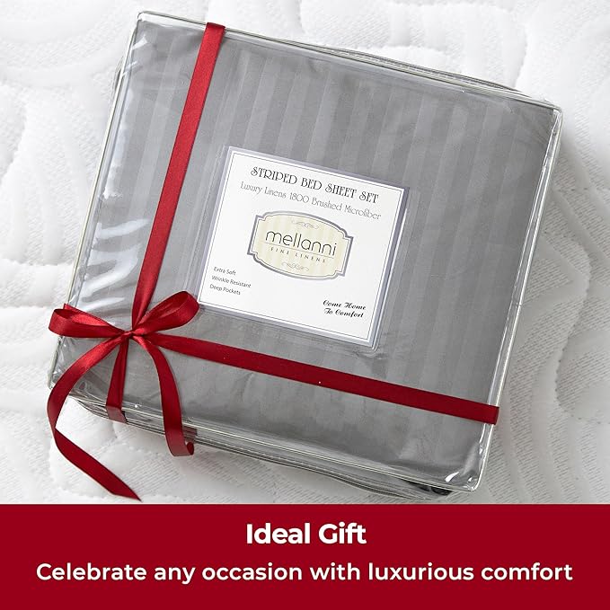Mellanni King Sheets Set - 4 PC Iconic Collection Bedding - Hotel Luxury, Extra Soft, Cooling Bed Sheets - Wrinkle, Fade, Stain Resistant (King, Striped Gray/Silver)