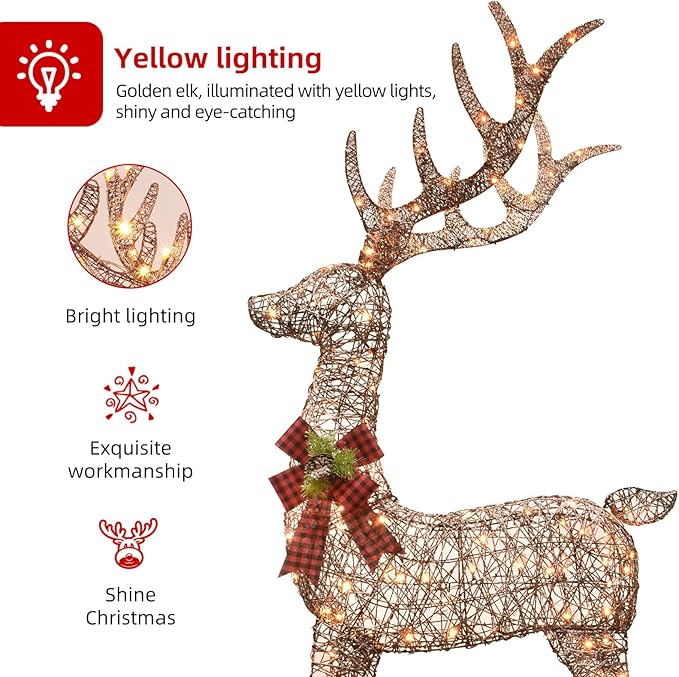 HOYECHI 6.5 FT Oversized Christmas Decorations Outdoor Lighted Reindeer β 3-Piece 3D Deer Family Set with 340 Warm White LED Lights for Yard, Lawn, Garden & Porch Holiday Display - Rattan