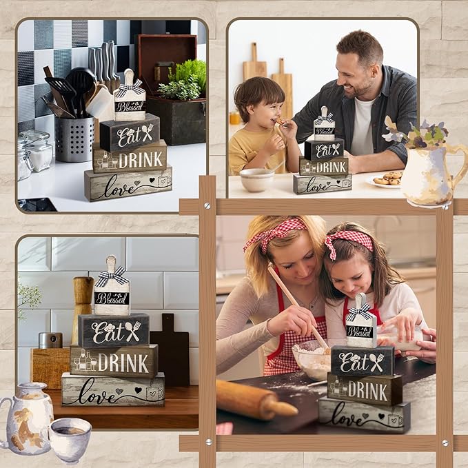 4 Pcs Wooden Farmhouse Tabletop Decor Farmhouse Tiered Tray Decor Black Brown and White Plate Tableware Centerpiece Wooden Plate Rustic Decorative Block Sign for Kitchen Shelf Desk Decoration