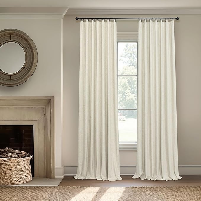 100% Blackout Neutral Curtains for Living Room 96 Inches Long 8 ft Faux Linen Rustic Country Drop Cloth Drape Dark Out Curtain for Bedroom Thermal Insulated 52x96 Floor to Ceiling Length 2 Panel Beige
