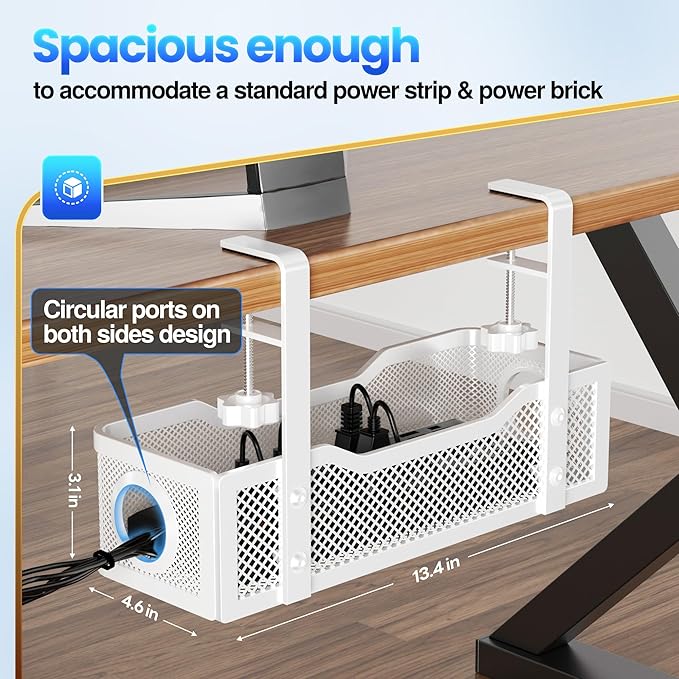 2 Pack Cable Management Under Desk Tray, No Drill Cable Management Box with Clamp for Wire Organization, Cord Organizer for Office, Home - No Damage to Desk (White)