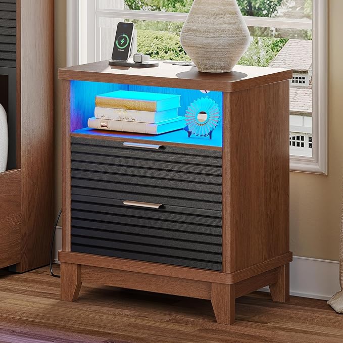 AOGLLATI Fluted Night Stand with Charging Station and 2 Drawers, Black Nightstands Beside Table with Open Storage and Led Lights,Retro End Side Table for Bedroom (1, Black)