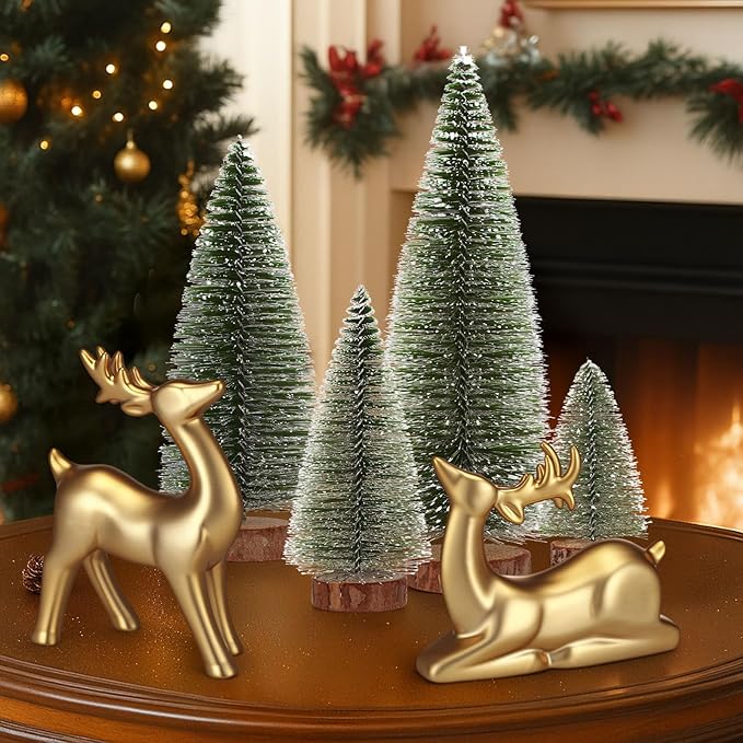 Wesiti 2 Pcs Ceramic Christmas Reindeer Figurines 4 Pcs Mini Christmas Pine Tree Reindeer Decor Deer Statue Sculpture Tabletop Ornaments for Home Mantel Shelves Decor (Gold)