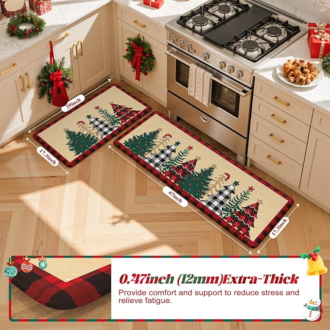 Merry Christmas Xmas Tree Kitchen Mat 2PCS, Anti-Fatigue Cushioned Waterproof Kitchen Mats for Floor Buffalo Plaid Kitchen Rug, Non Skid Comfort Standing Rugs for Laundry Office Desk Decor, Beige/Red
