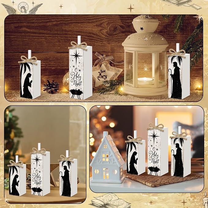 Britimes Christmas Decorations for Home, 3pcs Wooden Table Decor, Nativity Scene Holy Night Farmhouse Tabletop Block Sign for Christmas Indoor Kitchen