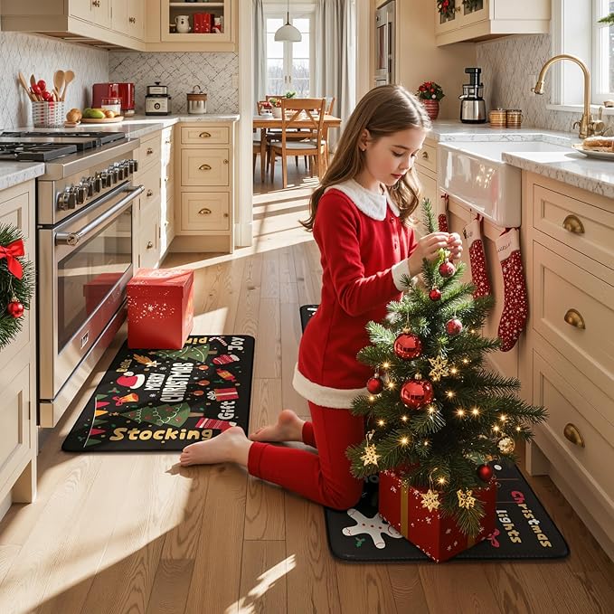 Collive Merry Christmas Kitchen Mats for Floor, Cushioned Anti Fatigue Kitchen Rug Set, 2 Piece Non-Skid Waterproof Kitchens Sink Rugs, Comfort Winter Xmas Tree Mat for Laundry Office Desk