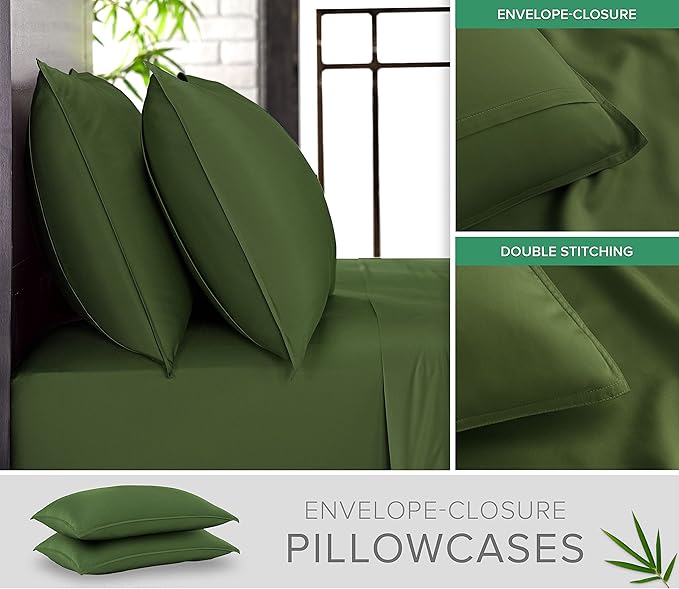 Queen Sheets by Pure Bamboo, Genuine 100% Organic Viscose Derived from Bamboo Bed Sheet Set, Luxuriously Soft & Cooling, Double Stitching, Lifetime Quality Promise (Queen, Pesto)
