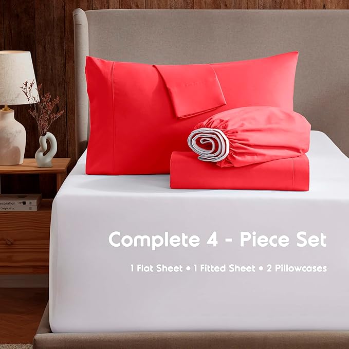Nestl Extra Deep Twin Sheet Set - 4 Piece Breathable & Cooling Sheets - Hotel Luxury Bedding Set w/18-24 Inch Deep Pockets - Easy & Secure Fit - Super Soft, Wrinkle Free & Comfy - Red