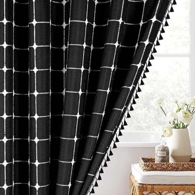 MitoVilla Boho Farmhouse Shower Curtain Set 72 x 78, Black 78 inch Long Polyester Linen Tassel Fabric Shower Curtain Set for Chic Cottagecore French Rustic Bathroom Decor