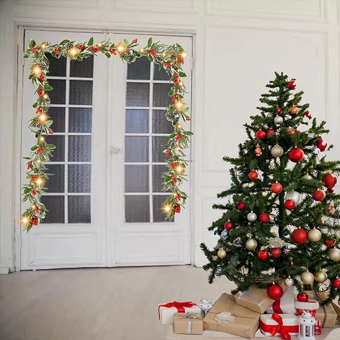 6ft 20 LED Christmas Garland with Holly Pines,Battery Operated Garland with Timer, Red Berry Garland with Lights for Indoor Mantle Fireplace Stair Home Holiday Decoration