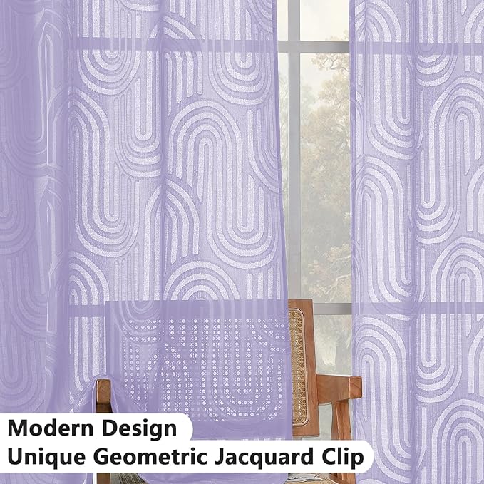 Simplebrand Lavender Sheer Curtains 54 Inch Length 2 Panels, Geometric Mid Century Jacquard Clip Textured Short Curtains Sheer for Bedroom, Light Filtering Rod Pocket Window Curtains, 42Wx54L Inches