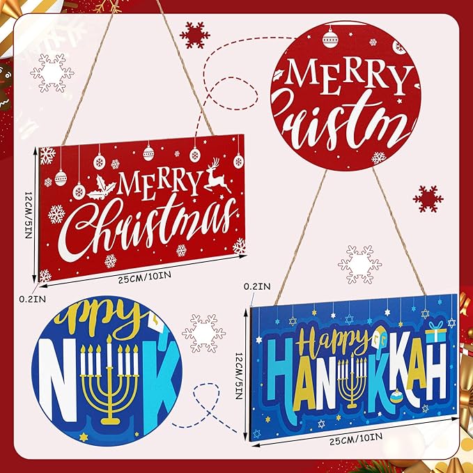 2 Pieces Merry Christmas Sign Hanukkah Blue Hanging Sign Decoration Wooden Hanukkah Door Decorations Xmas Wood Sign with Hanging Rope for Jew Holiday Wall Front Door Porch Decor, 9.84 x 4.72 Inch