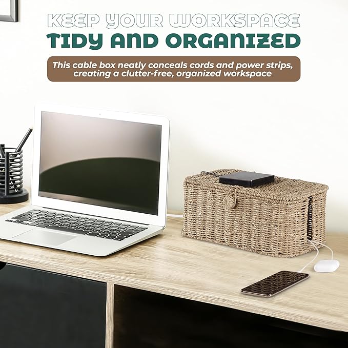 BLUEWEST Large Cable Management Box, Natural Rattan Cable Cord Organizer Boxes for Power Strip β 2 Open Slots Cords Hider Box for TV Wires, Computer, Router, USB Hub and Under Desk Power Strip