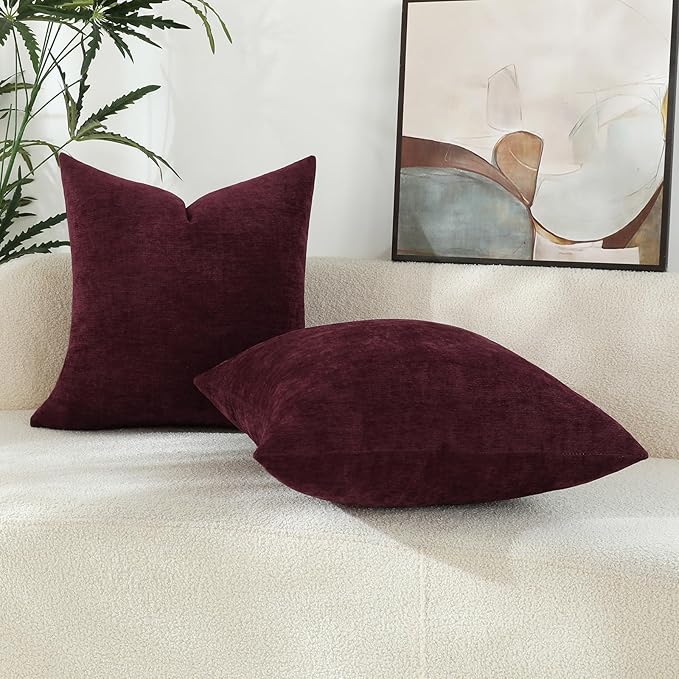 Burgundy Red Chenille Decorative Couch Throw Pillow Covers, Soft Cushion Cases for Home Livingroom Sofa Décor, Pack of 2, 18 x 18 Inches