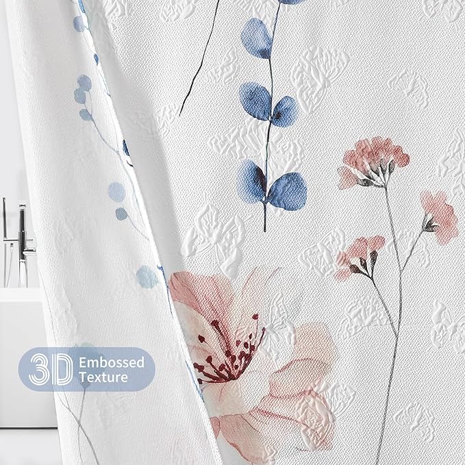 QiyI Watercolor Floral Shower Curtain, 3D Embossed Butterflies Blue Pink Flower Bathroom Curtain, Minimalist White Cloth Bath Curtain, Waterproof Fabric Textured Shower Curtain Set with Hooks, 72x72
