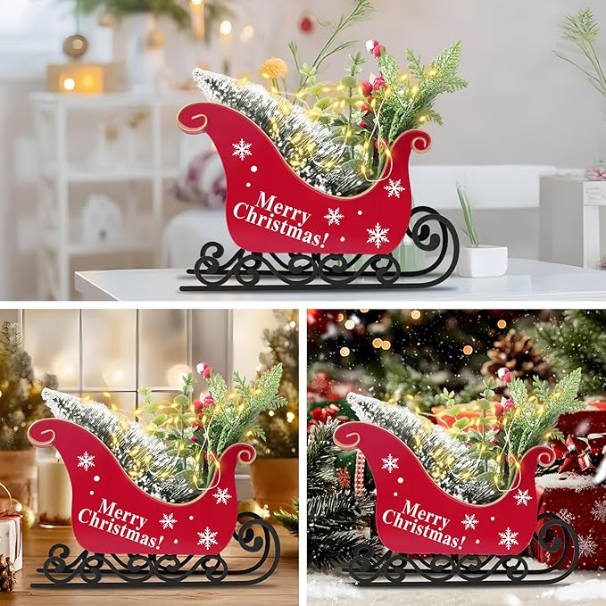 Christmas Table Decorations Christmas Sleigh Table Decor Christmas Table Decorations Small Santa Sleigh with Pine Twigs & Red Berries, Festive Holiday Centerpiece for Home Office Party Decor