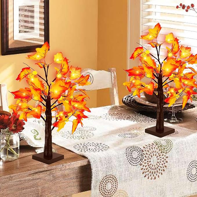 Timer - Fall Thanksgiving Tree, 18 Inch Prelit Lighted Maple Tree Thanksgiving Decorations with 24 Pumpkin Lights Battery Operated for Autumn Harvest Decor Indoor Home Table Halloween Christmas