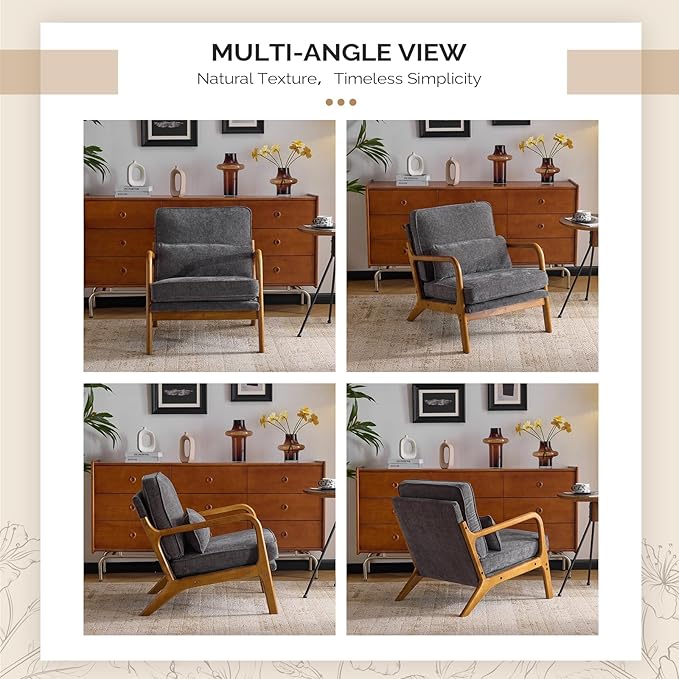 VINGLI Chenille Mid-Century Modern Accent Chair Set of 2, Cute Reading Arm Chair with Cushion & Lumbar Pillow & Solid Wood Frame for Lounge, Living Room, Reading Room, Bedroom, Dark-Gray