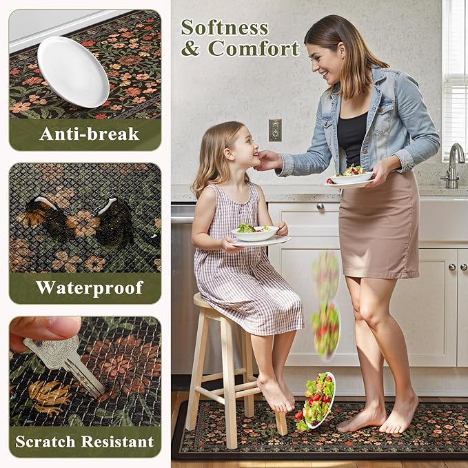 Collive Anti Fatigue Mat for Kitchen Floor, Waterproof Cushioned Sink Mats Non Slip Floral Kitchen Rugs Set of 2, Black Comfort Modern Standing Rug for Office, Laundry, Desk, 17"x30"+17"x47"