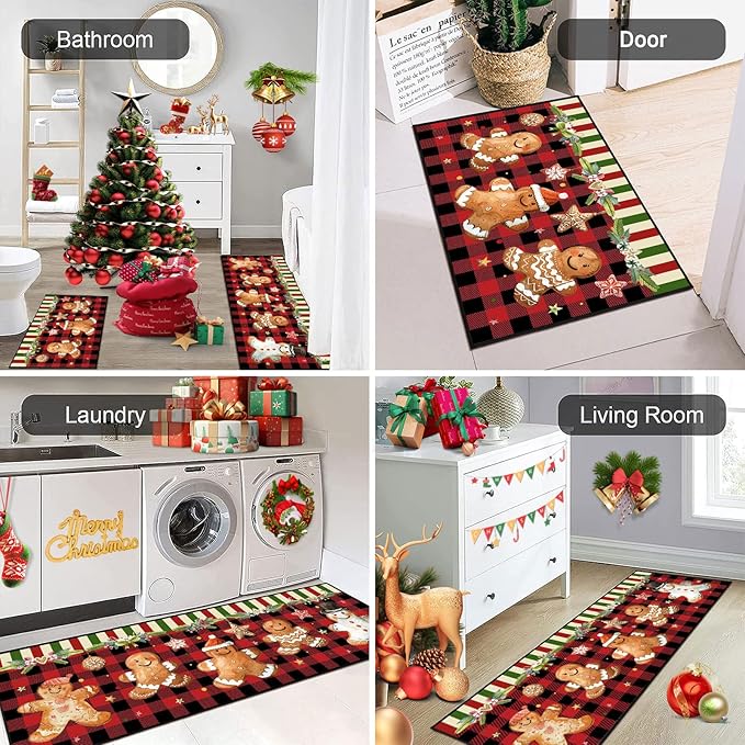 Christmas Kitchen Rugs Non-Slip Holiday Floor Mats 2 Piece Set Gingerbread Man Vintage Decor Soft Absorbent Mats for Front of Sink 17x30 and 17x47 Inches