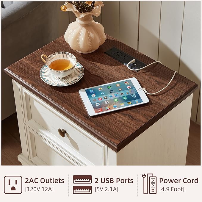 Farmhouse Nightstand with Charging Station, Rustic Low Night Stand with 2 Drawers, Mid-Century Modern End Table with 4 Square Solid Wood Legs, Small Dresser for Bedroom, Home, White