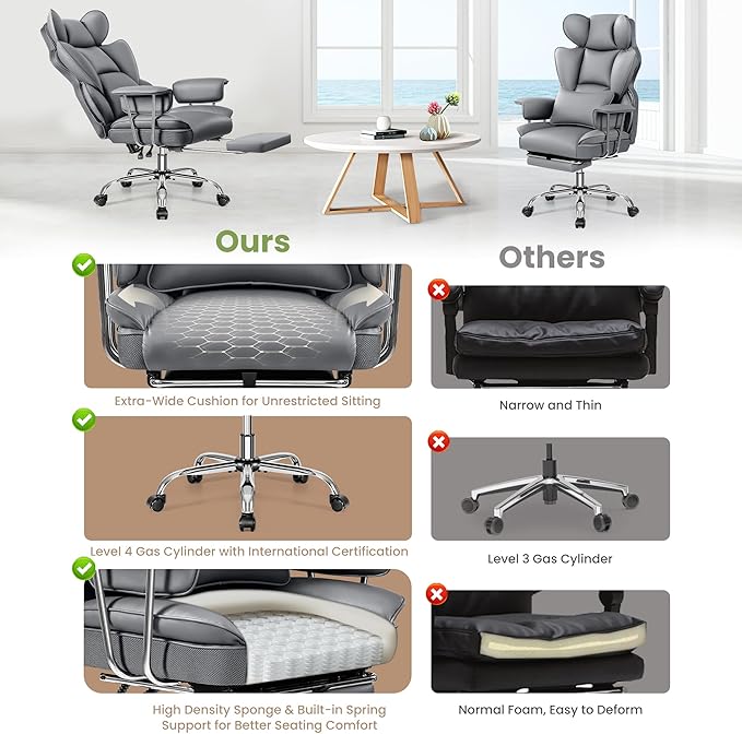 Office Desk Chair, Big and Tall Executive Office Chairs with Footrest, Large Leather Computer Gaming Chair for Adult, Ergonomic Reclining Chair High Back with Lumbar Support, Gray