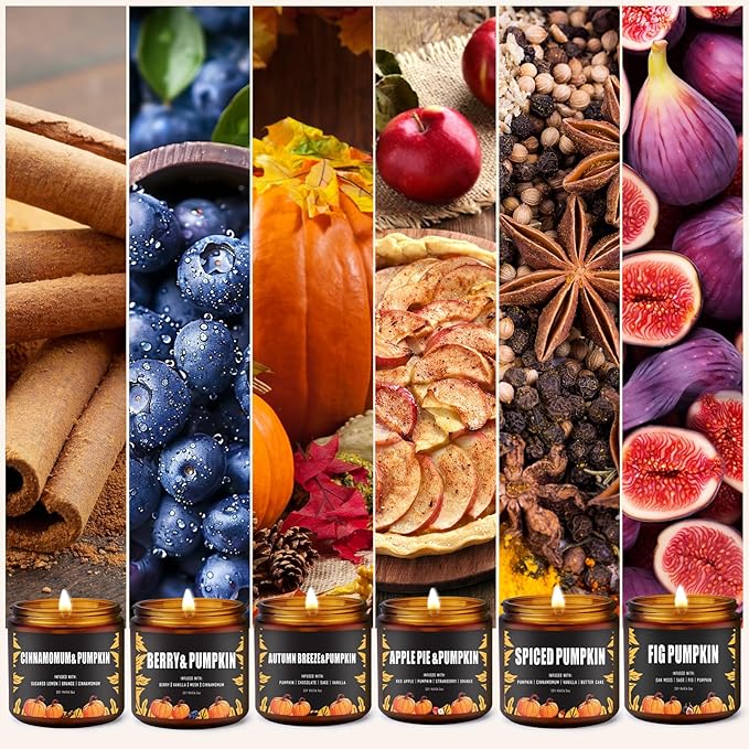 Fall Candles Set/6Pack Pumpkin Scented Candles for Home Decor,Halloween,Autumn Candle Scents of Berry,Sugar Lemon,Spiced Apple,Autumn’s Breeze,Cinnamon,FIG,Christmas Candle Gifts,Fall Gifts for Women