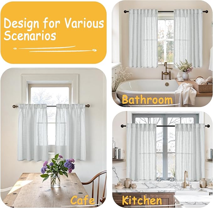 YoungsTex Light Grey Linen Semi Sheer Curtains 40 Inch Length for Short Window, Textured Window Drapes Light Filtering with Rod Pocket Back Tab for Cafe Bathroom, 2 Panels, 42 X 40 Inch