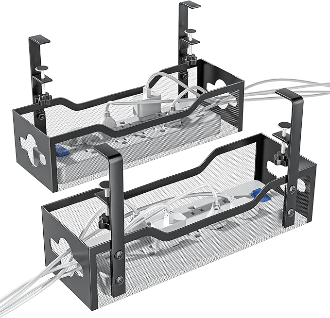 2-Pack Under Desk Cable Management Tray 13.38", Quszmd Cable Organizer No Drill, Standing Cord Organizer and Wire Management Tray - No Damage to Desk, Black