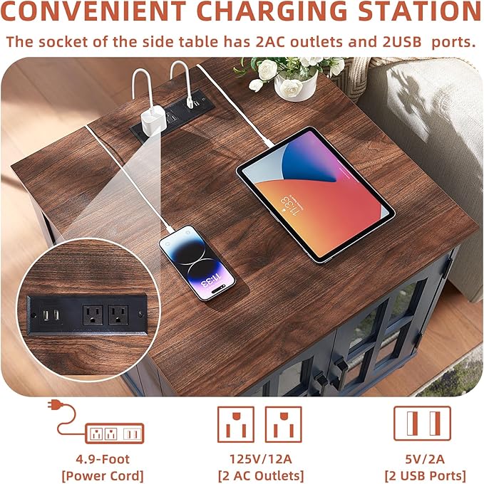 Farmhouse 24" End Table Set of 2 with Charging Station, Large Sofa Side Table with Glass Barn Door,Wood Night Stand with Adjustable Storage Shelf,Square Bedside Table for Living Room,Bedroom