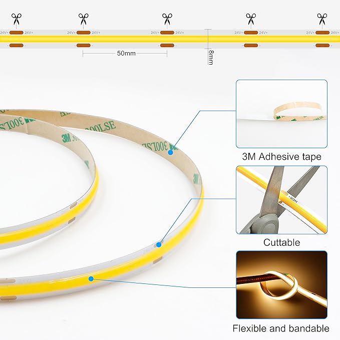 32.8ft COB LED Strip Light Warm White, High Bright LED Strips with 320LEDs, RF Remote and UL Power Supply, 2700K Dimmable LED Lights for Bedroom,Kitchen, DIY Home Decoration, 2 Rolls of 16.4ft