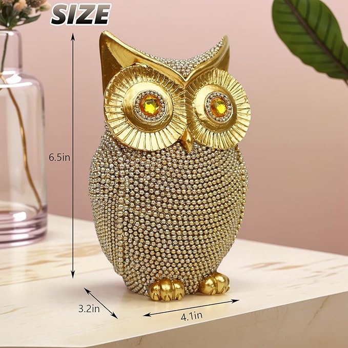 Golden Glitter Owl Statue - Cute Owl Sculpture for Home Art Decorations, Unique Gift Idea for Housewarming, Birthday, Christmas(6.5'')