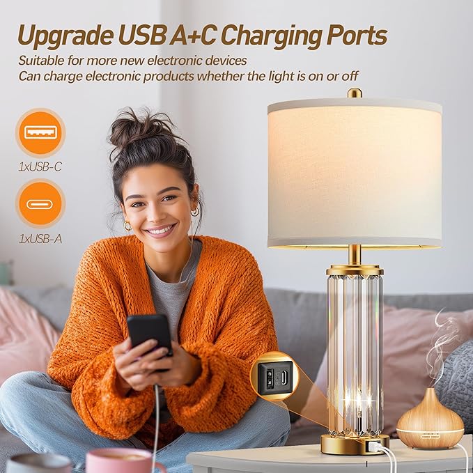 QiMH Gold Table Lamps for Bedroom Set of 2 with Nightlight, Modern Bedside Lamp with 2 USB A+C Charging Port, Clear Nightstand Lamp for Living Room White Shade Home Light Decor(LED Bulbs Included)