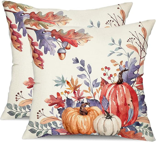 DFXSZ Fall Pillow Covers 18x18 inch Set of 2 Red Orange Pumpkin Fallen Leaves Decorative Outdoor Throw PillowCovers Autumn Thanksgiving Farmhouse Decoration for Home Couch TH27-P18