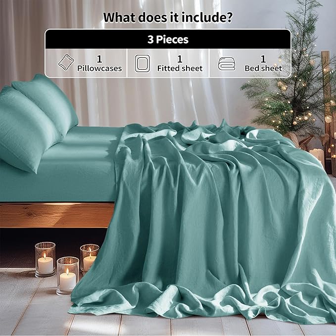 LBRO2M 100% Linen Sheet Set Twin XL Size,Bed Sheets 3 Piece Sets,Solid Color Natural Flax Bed Sheets Soft Breathable Bedding,16" Deep Pocket,All Season (Twin XL, Aqua)