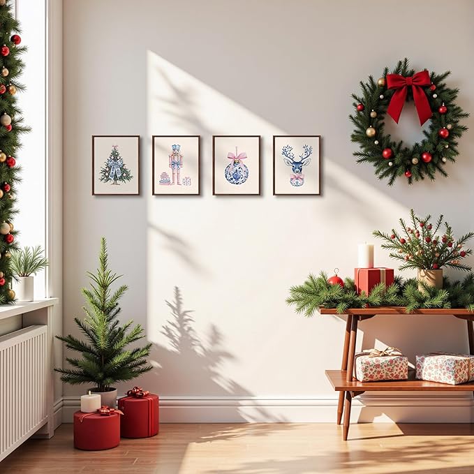 DOFQZ Pink Chinoiserie Christmas Wall Art Prints Set of 4, Grandmillenial Christmas Decor, Preppy Bauble Xmas Tree Nutcracker Reindeer Holiday Posters for Girls Dorm Apartment Decor, 8x10 Unframed