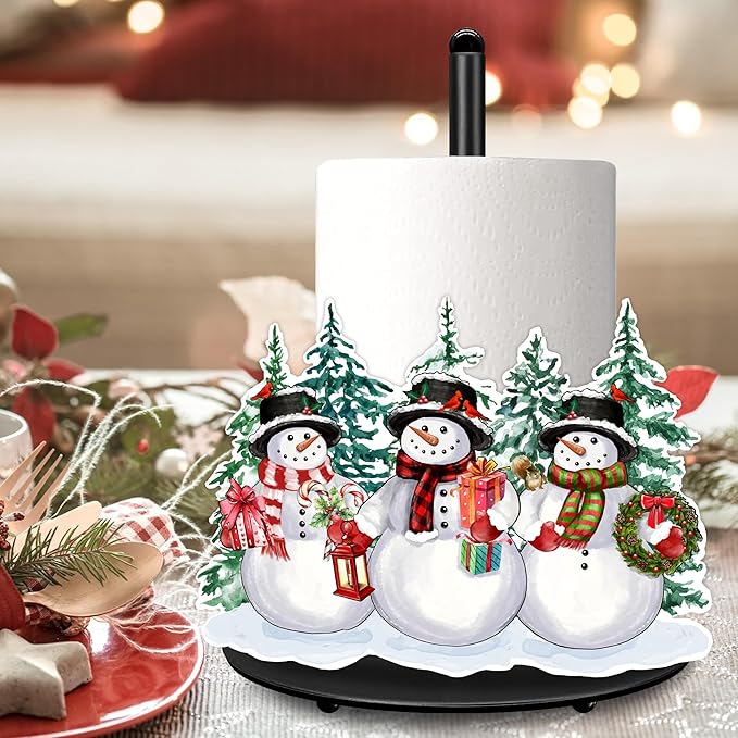 Christmas Paper Towel Holder Christmas Snowman Tree Paper Towel Stand Metal Accessories Winter Holiday Kitchen Decor Farmhouse Rustic Indoor Home Bathroom Decor for Countertops