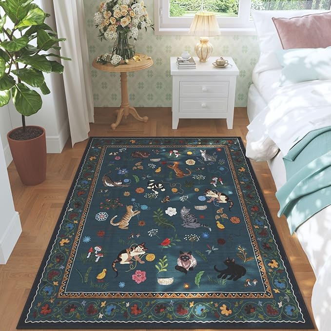 Rugcomf Bedroom Rug 3x5 Rug Washable Area Rug Non Slip Low Pile Boho Floral Animal Cat Small Carpet for Bedside Kitchen Entryway Kids Room Office College Dorm Essentials for Girls, Pearl Gentian Blue