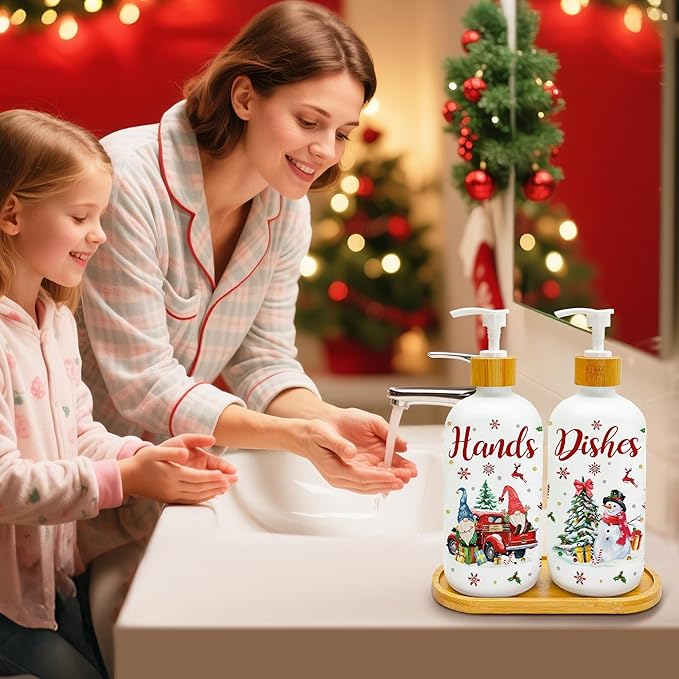 Hexagram Christmas Soap Dispenser Set of 2, Christmas Kitchen Decor, Xmas Gnome Snowman Glass Soap Dispenser for Home Indoor Decorations, Xmas Refillable Lotion Essential Oil Dispensers with Pump