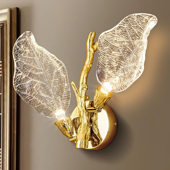 Wall Sconces, Gold Bathroom Sconces Wall Lighting with Clear Acrylic Leaf, Modern Sconces Wall Decor Wall Light fixtures for Bathroom Mirror Living Room Hallway Bedroom Stairs (1pcs,Gold)