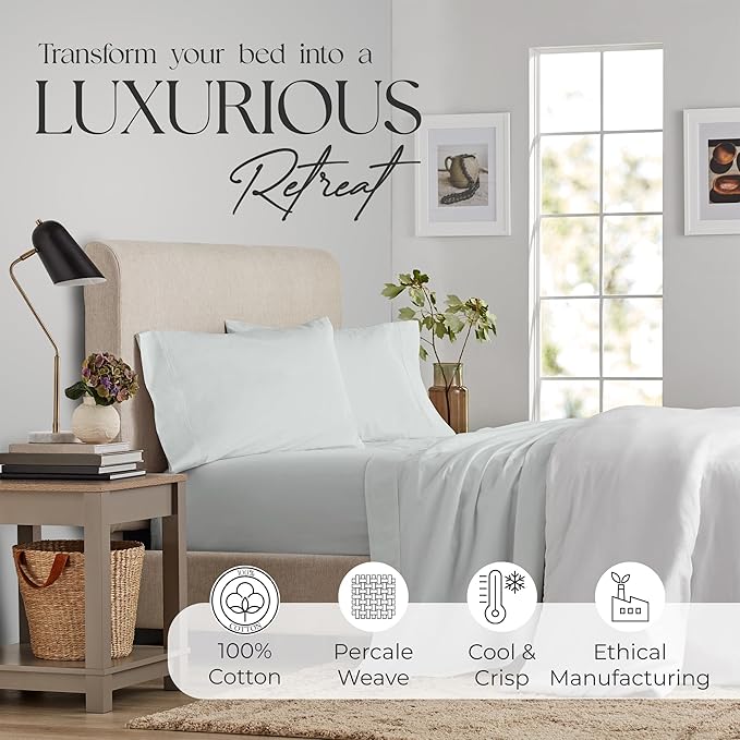 SUPREME ELEGANCE King Size Sheets Set –Natural 100% Cotton Percale Sheets King Bed Set, Oeko-tex Made in Green Sustainable, Breathable Cooling Deep Pocket Sheet, Crisp Luxury Bedding, Soft Silver