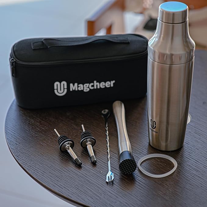 Hybrid Cocktail Shaker Set | Vacuum Insulated Stainless Steel Martini Shaker with Strainer & Jigger Lid | Travel Cocktail kit with Bartender Accessory Tools | 30oz | Silver
