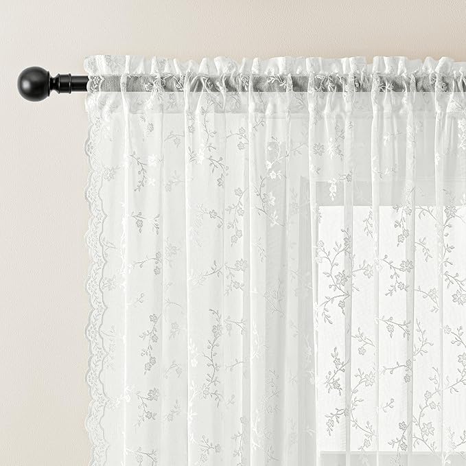 Sheer Lace Curtains 63 Inches Long, Vintage Floral Light Filtering Ivory Lace Curtains for Living Room & Bedroom, Rod Pocket, 2 Panels Set, Branch Pattern (Ivory, 52" W x 63" L)
