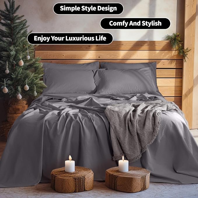 LBRO2M 100% Linen Sheet Set California King Size, Bed Sheets 6 Piece Sets,Solid Color Natural Flax Bed Sheets Soft Breathable Bedding,16" Deep Pocket,All Season (Cal King, Dark Grey)