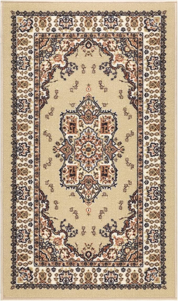 Antep Rugs Alfombras Oriental Traditional 2x4 Non-Skid (Non-Slip) Low Profile Pile Rubber Backing Kitchen Area Rugs (Beige, 2'3" x 4')