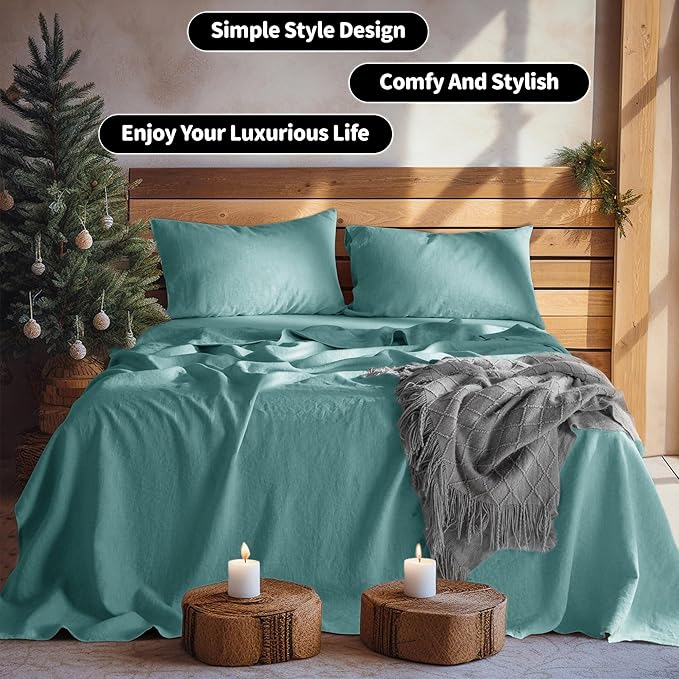 LBRO2M 100% Linen Sheet Set Queen Size,Bed Sheets 4 Piece Sets,Solid Color Natural Flax Bed Sheets Soft Breathable Bedding,16" Deep Pocket,All Season (Queen, Aqua)