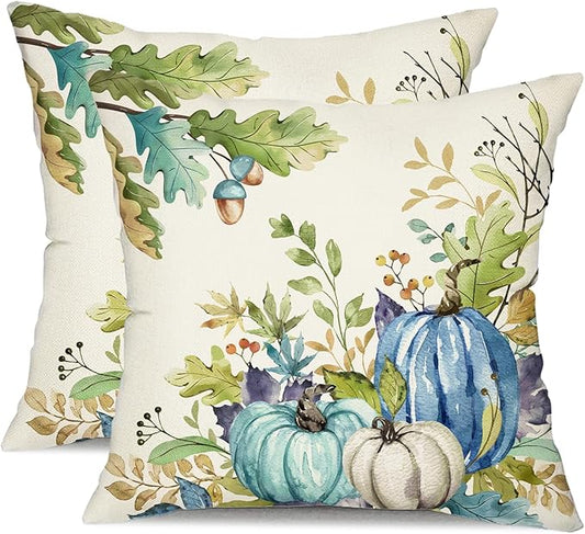 DFXSZ Fall Pillow Covers 18x18 inch Set of 2 Blue Green Pumpkin Fallen Leaves Decorative Outdoor Throw PillowCovers Autumn Thanksgiving Farmhouse Decoration for Home Couch TH27-M18
