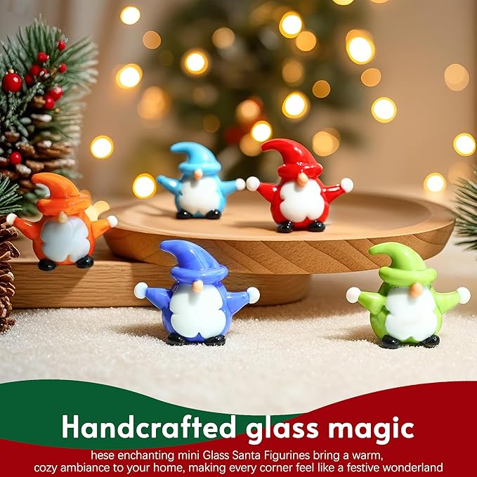 H&D HYALINE & DORA 5Pcs Christmas Gnomes Decorations Mini Blown Glass Christmas Ornaments Glass Xmas Figurines for Xmas Home Party Decor